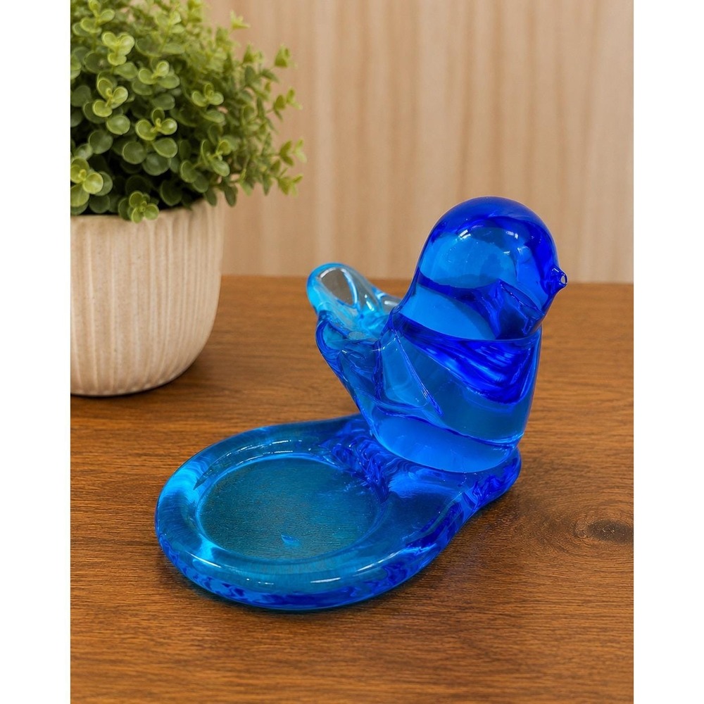 Leo Ward Signed Art Glass Blue Bird of Happiness Figurine Dish 1992 Vintage